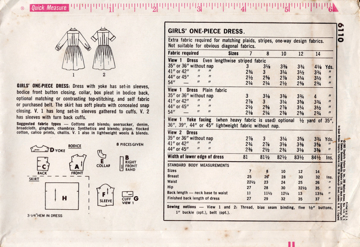 1960's Simplicity Child's Shirtwaist Dress - Chest 28" - No. 6110