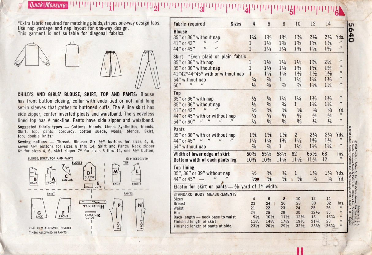 1960's Simplicity Blouse, Top, Skirt and Pants Pattern - Chest 23" - No. 5640