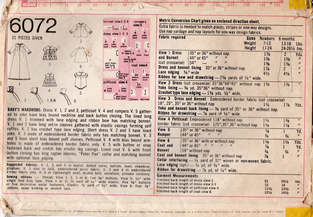 1970's Simplicity Baby's Wardrobe Pattern - size 6 months - No. 6072