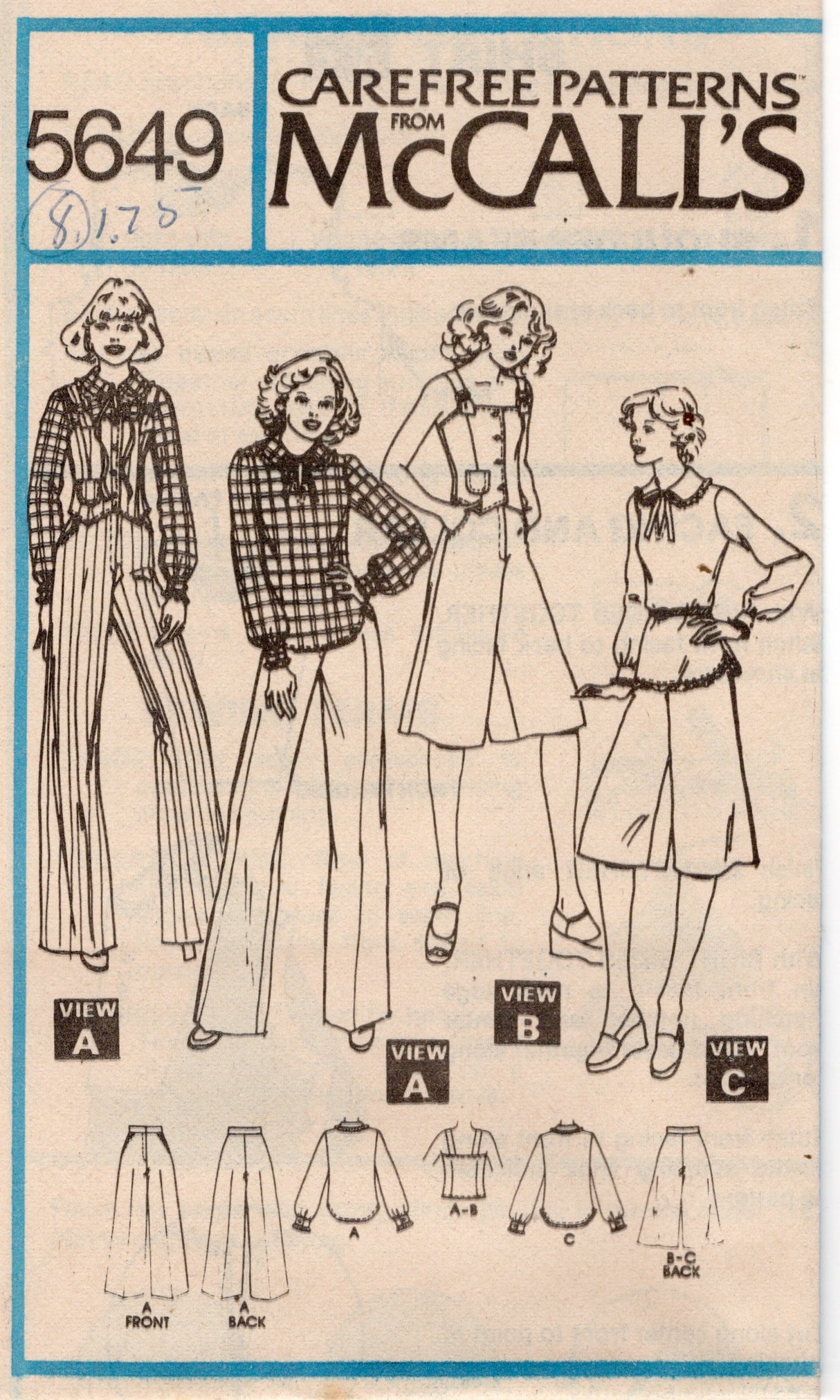 1970's McCall's Camisole Top, Pants and Culottes pattern - Bust 31.5-36" - no. 5649