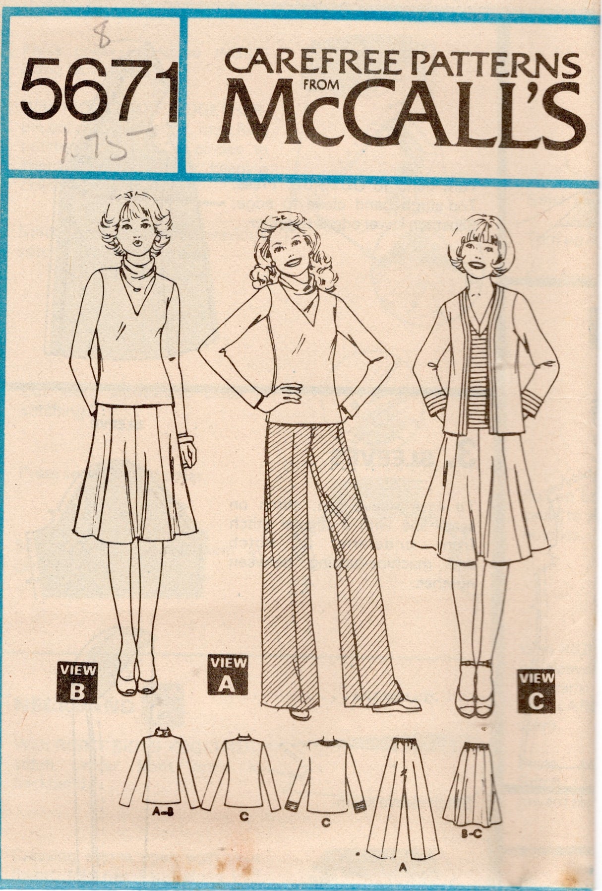 1970's McCall's Unlined Jacket, Top, Skirt and Pants pattern - Bust 31.5-38" - no. 5671