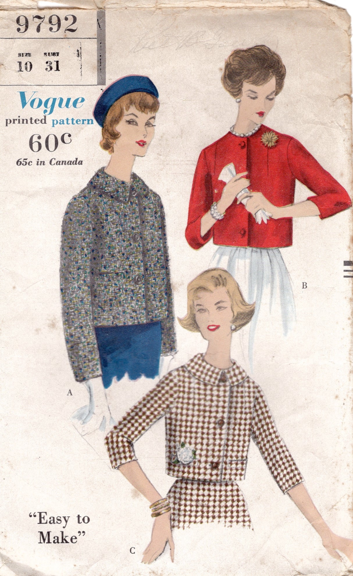 1950's Vogue Straight Lined Cropped or Regular length Jacket Pattern - Bust 31" - No. 9792