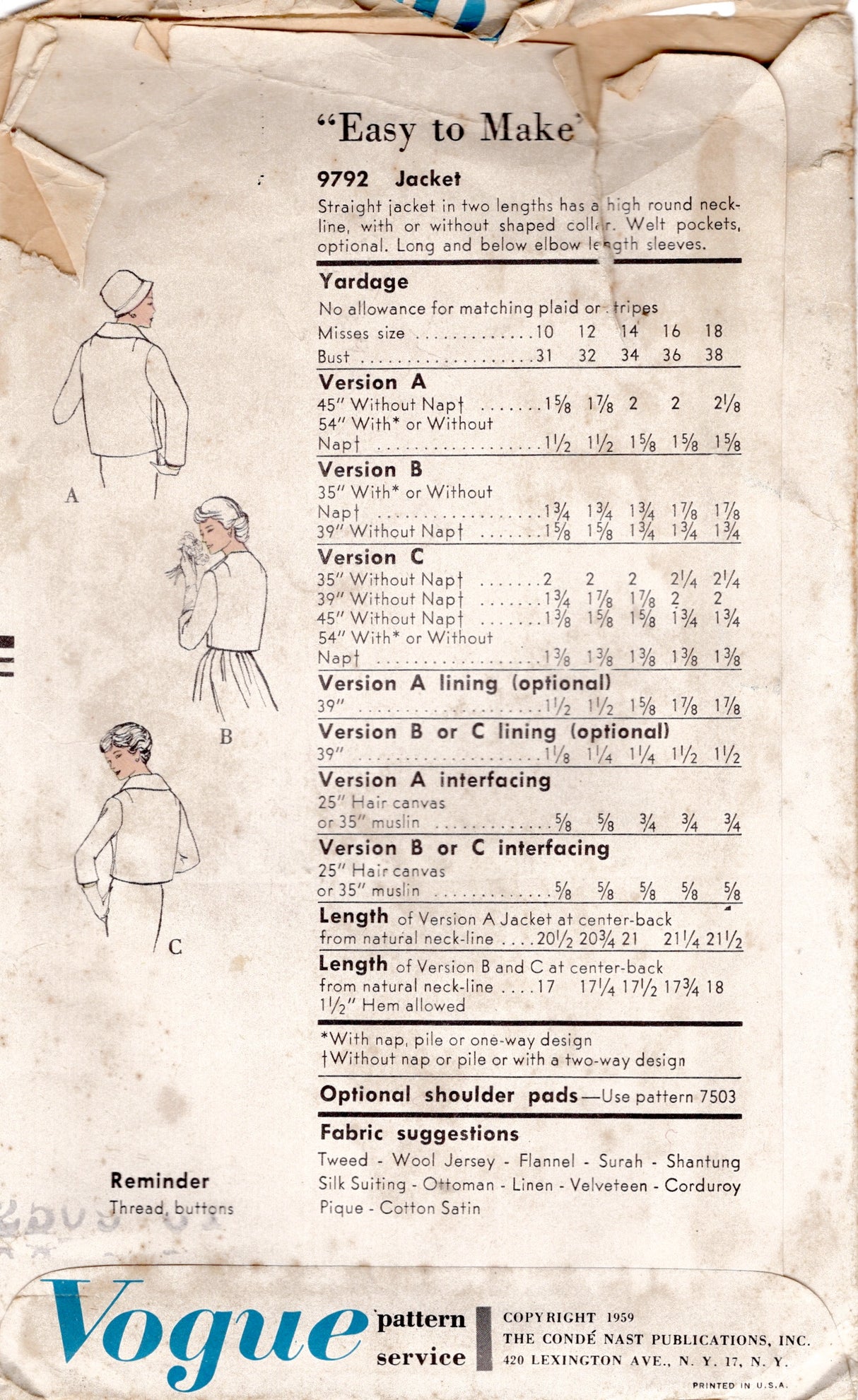 1950's Vogue Straight Lined Cropped or Regular length Jacket Pattern - Bust 31" - No. 9792