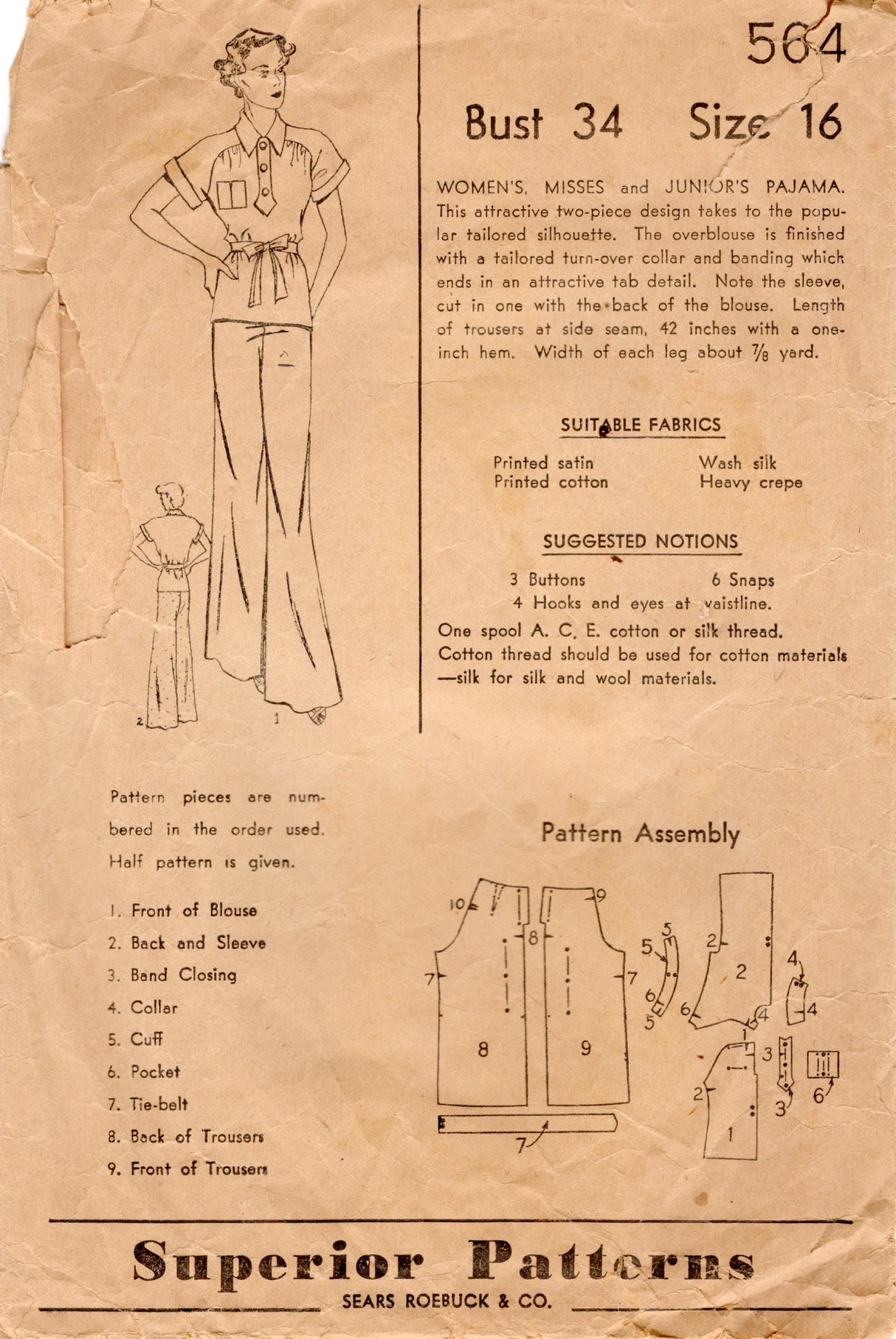 1930's Superior Two Piece Pajama Pattern with Wide Leg Pants - Bust 34" - No. 564