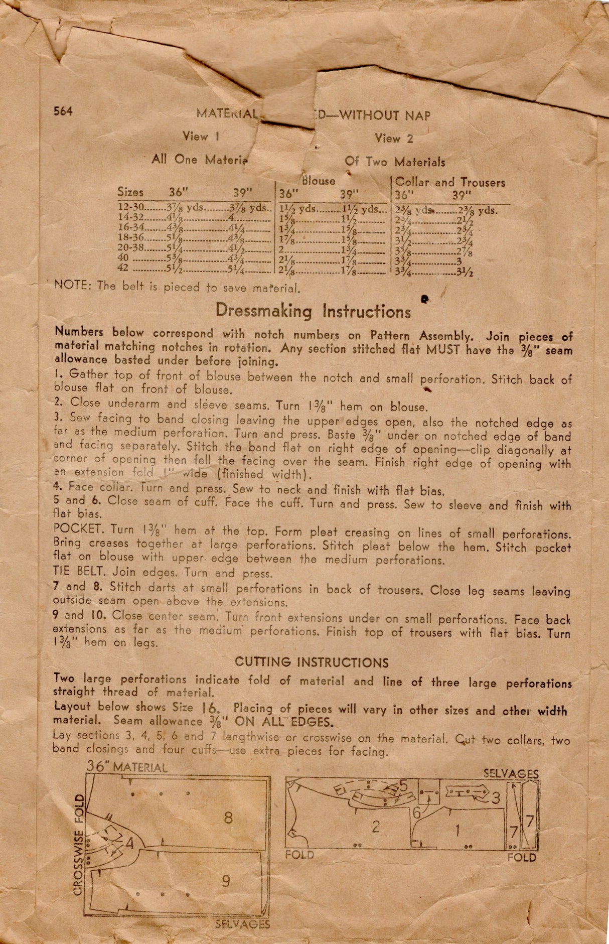 1930's Superior Two Piece Pajama Pattern with Wide Leg Pants - Bust 34" - No. 564