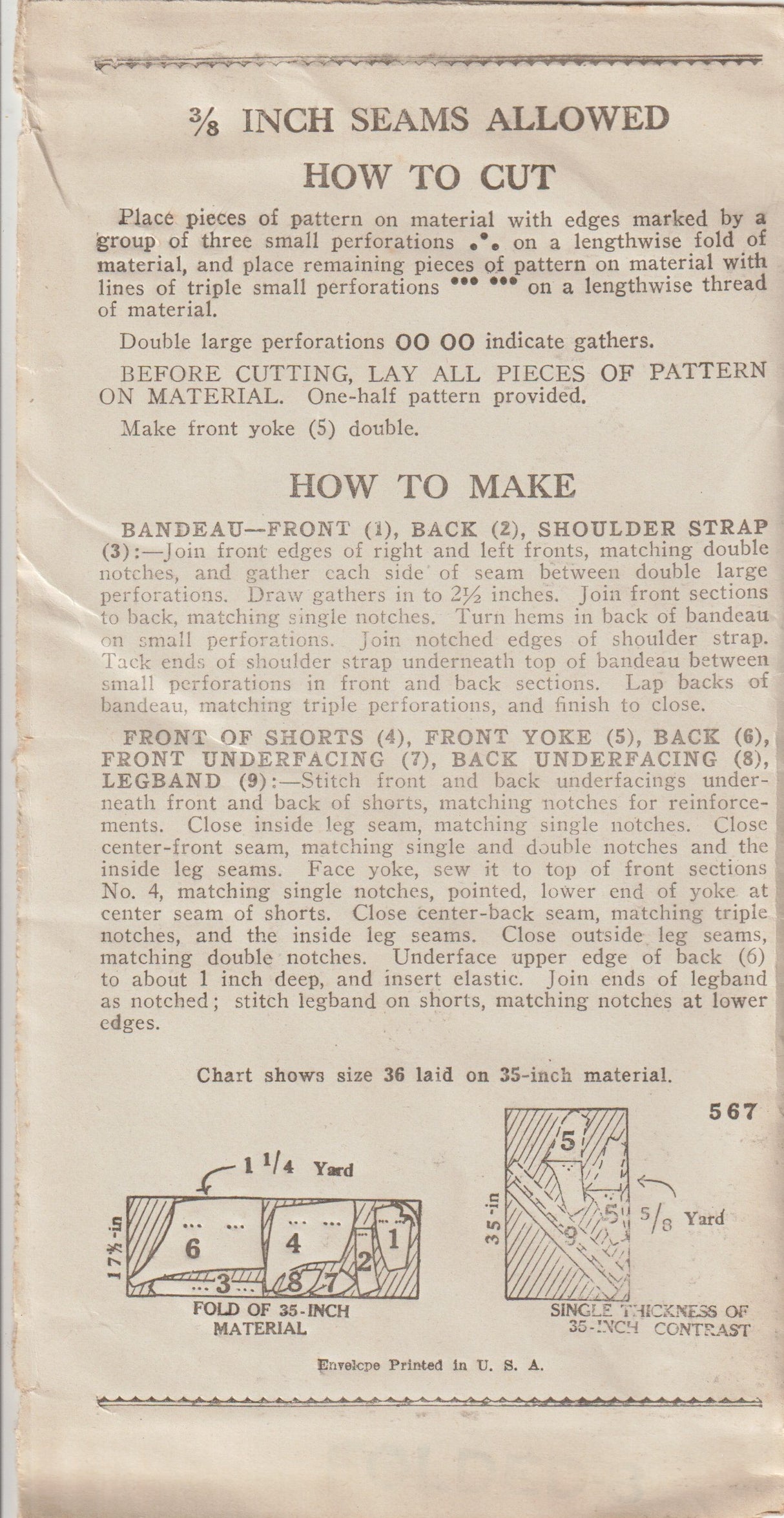 1930's New York Dance Set Pattern of Bandeau and Shorts - Bust 36" - No. 567