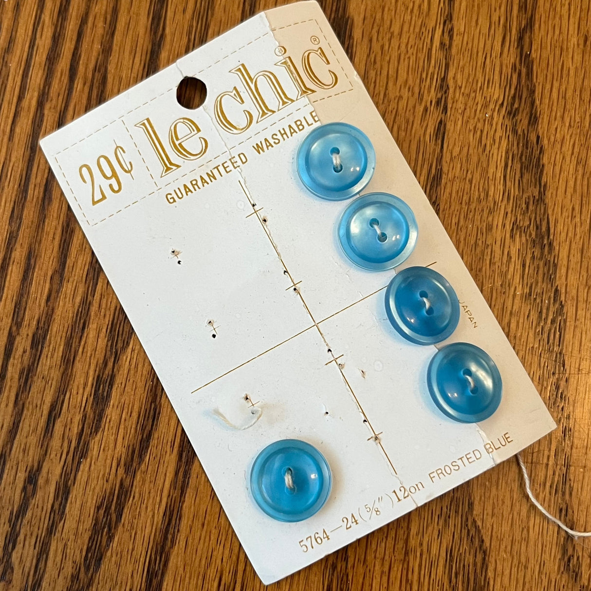 1970’s Le Chic Plastic Buttons - Frosted Blue - Set of 5 - 5/8" - on card