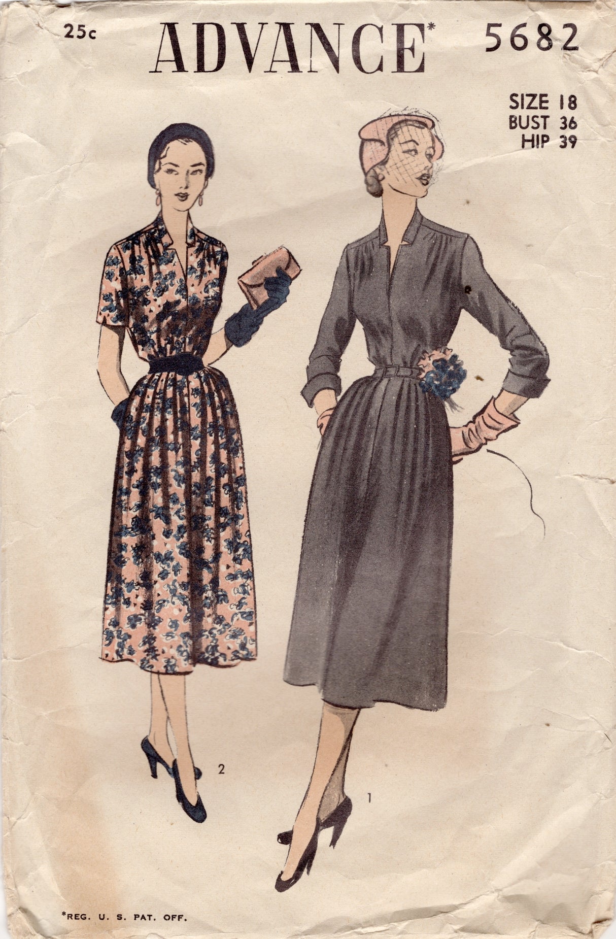 1950's Advance Notched Neckline Dress with Short or 3/4 Sleeve Pattern - Bust 36" - No. 5682