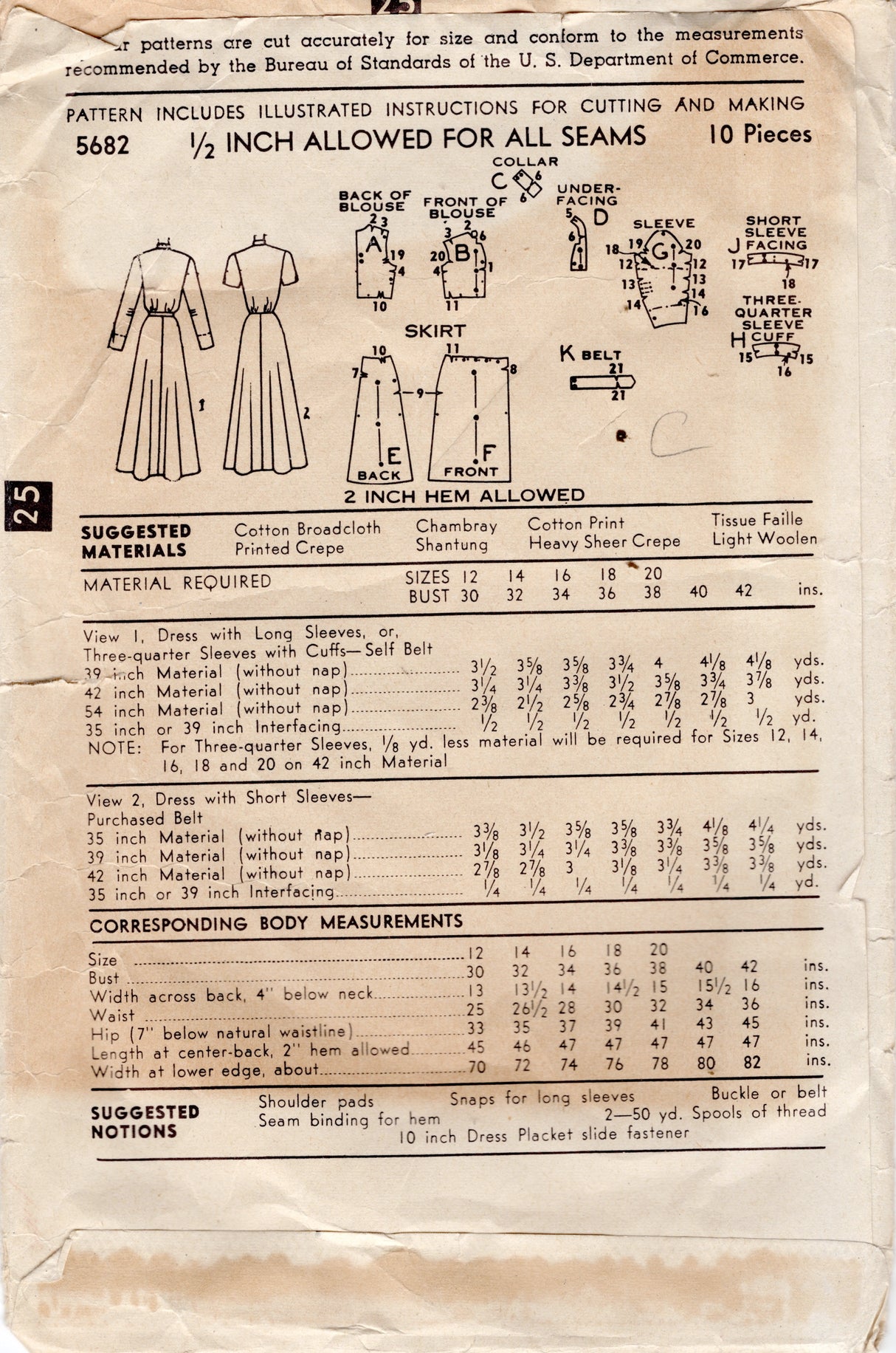 1950's Advance Notched Neckline Dress with Short or 3/4 Sleeve Pattern - Bust 36" - No. 5682