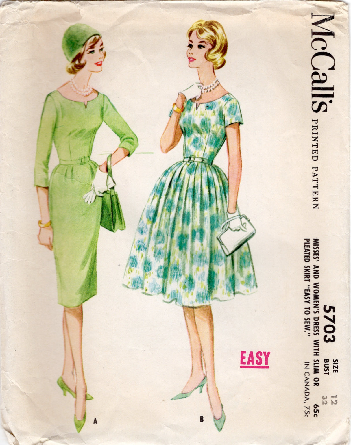 1960's McCall Notched Neckline Slim Line Dress pattern - Bust 32" - No. 5703