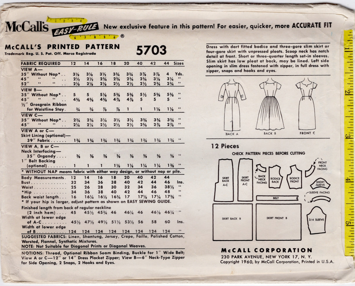 1960's McCall Notched Neckline Slim Line Dress pattern - Bust 32" - No. 5703