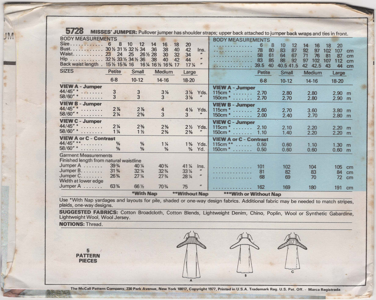 1970's McCall's Jumper Wrap Dress Pattern - Bust 36-38 - No. 5728