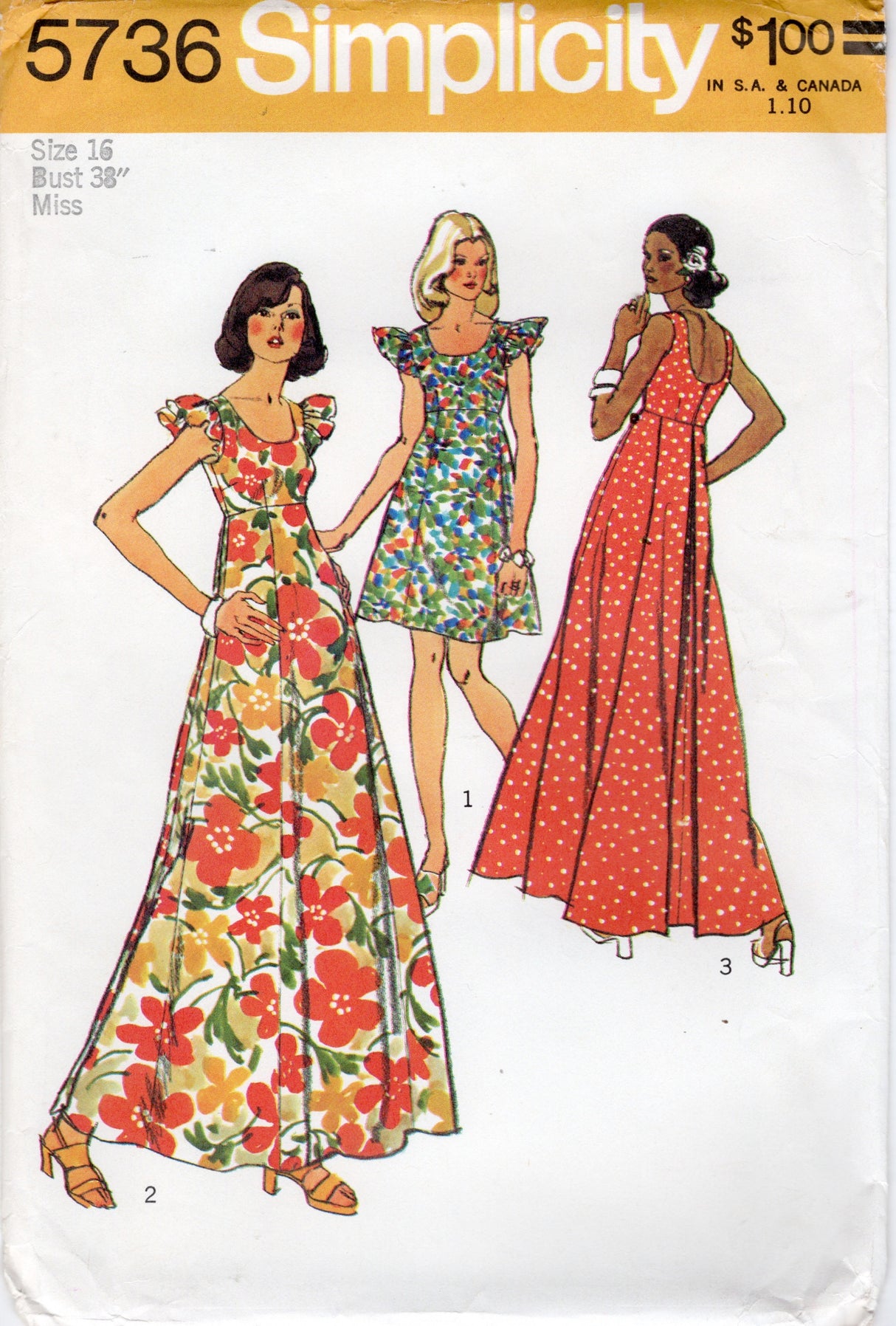 1970's Simplicity Muu-muu Pattern with Ruffle Sleeves - Bust 38" - No. 5736