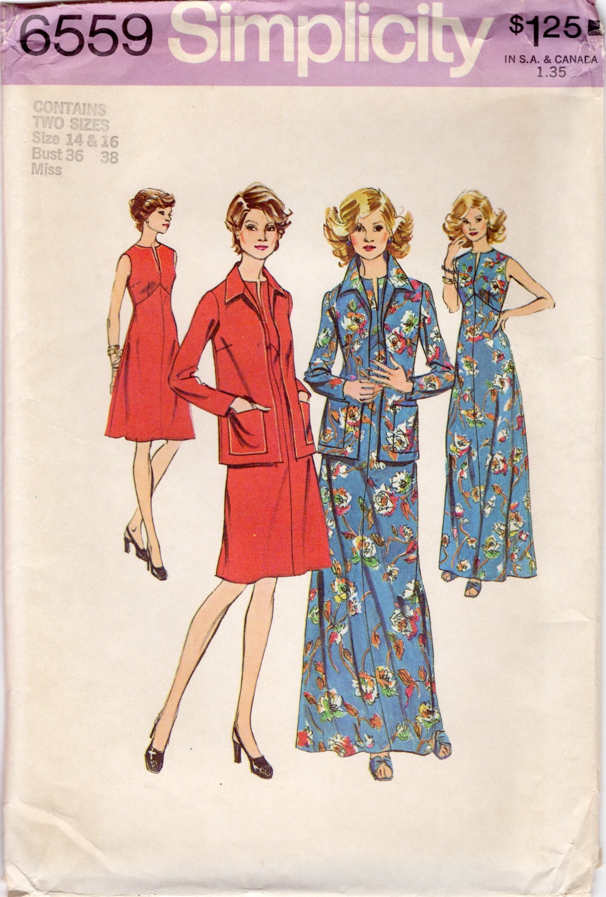 1970's Simplicity Midi or Maxi Dress with Empire Waist and Slit Neckline and Jacket Pattern - Bust 36 - 38" - No. 6559