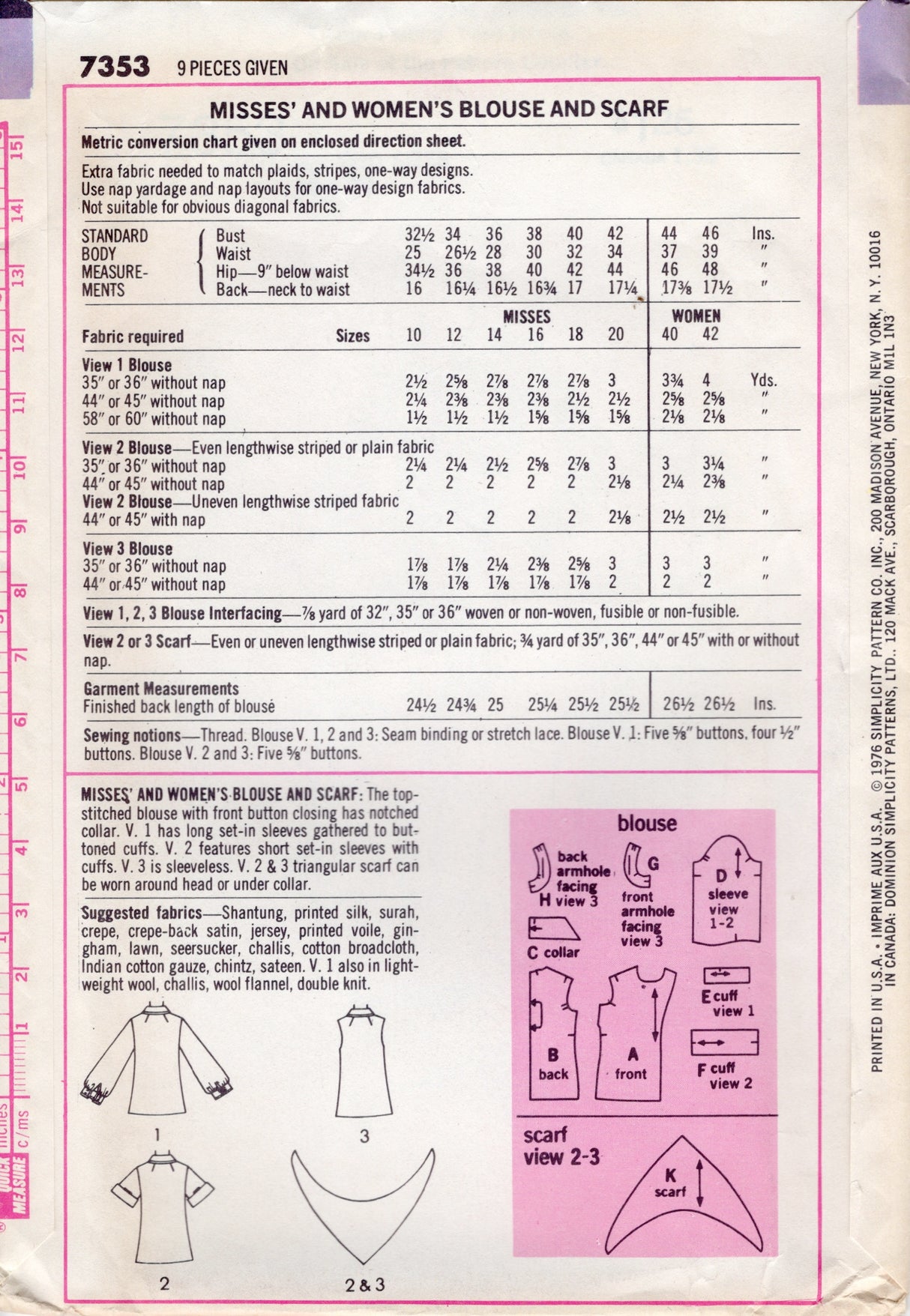 1970's Simplicity Button Up Shirt and Scarf pattern - Bust 40-42" - No. 7353