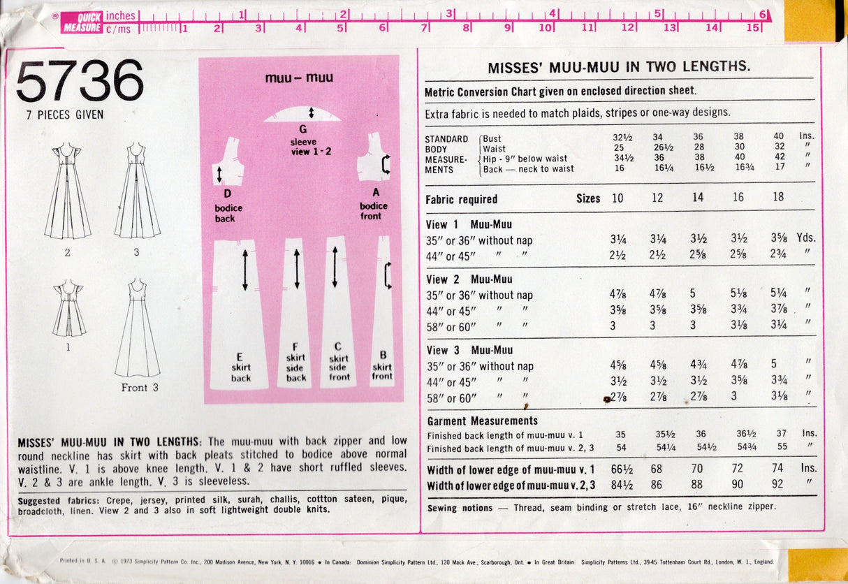 1970's Simplicity Muu-muu Pattern with Ruffle Sleeves - Bust 38" - No. 5736