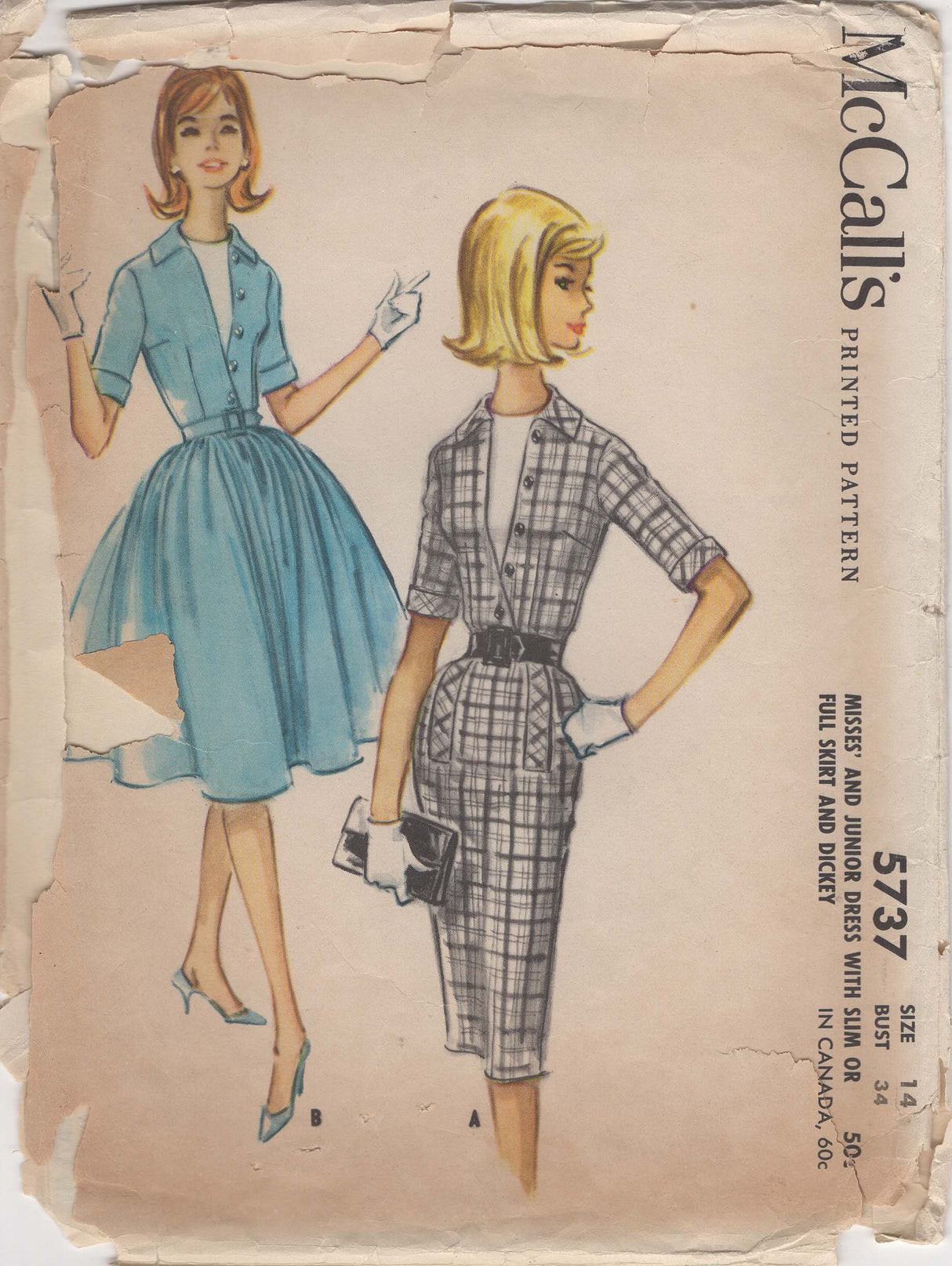 1960's McCall's Surplice Bodice Dress with Slim or Full Skirt Pattern - Bust 34" - No. 5737