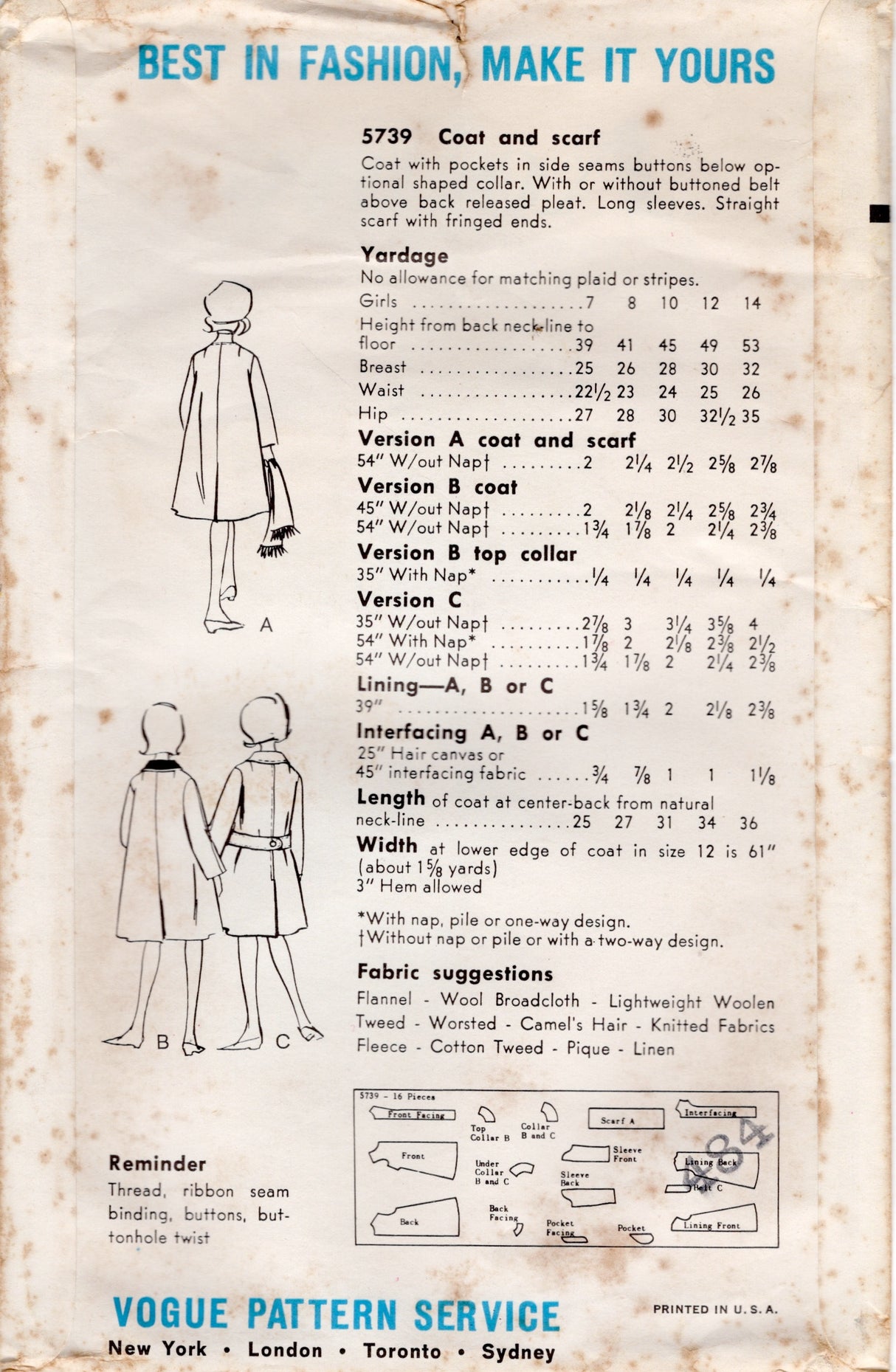 1960's Vogue Child's Coat and Scarf Pattern - Bust 32" - No. 5739