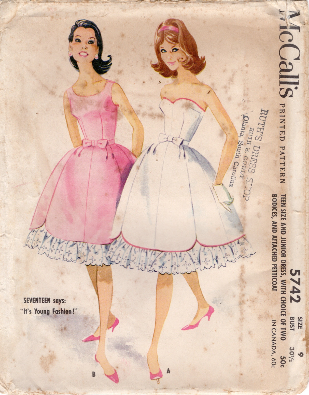 1960's McCall's Junior’s Sweetheart Halter or Scoop Neckline Dress and Petticoat Pattern - Bust 30.5" - No. 5742