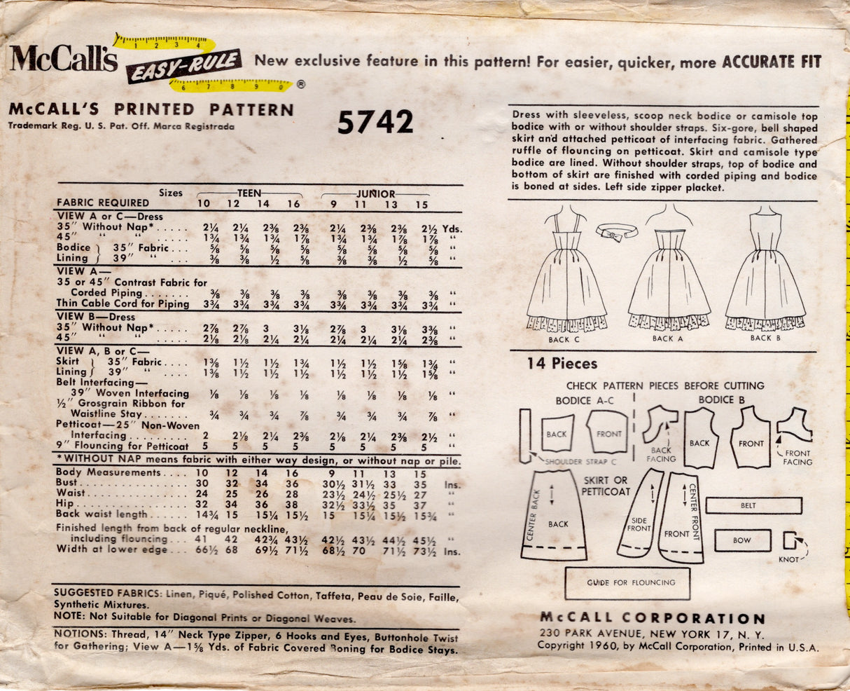 1960's McCall's Junior’s Sweetheart Halter or Scoop Neckline Dress and Petticoat Pattern - Bust 30.5" - No. 5742