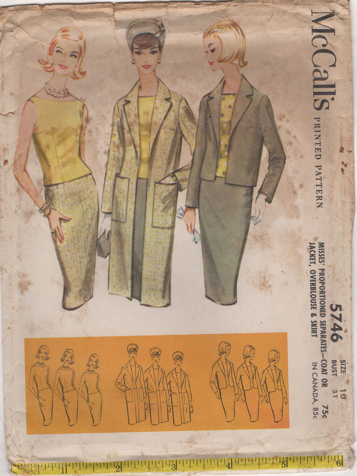 1960's McCall's Women's Suit Set Pattern with Jacket, Sleeveless Blouse, and Slim Skirt - Bust 31" - No. 5746