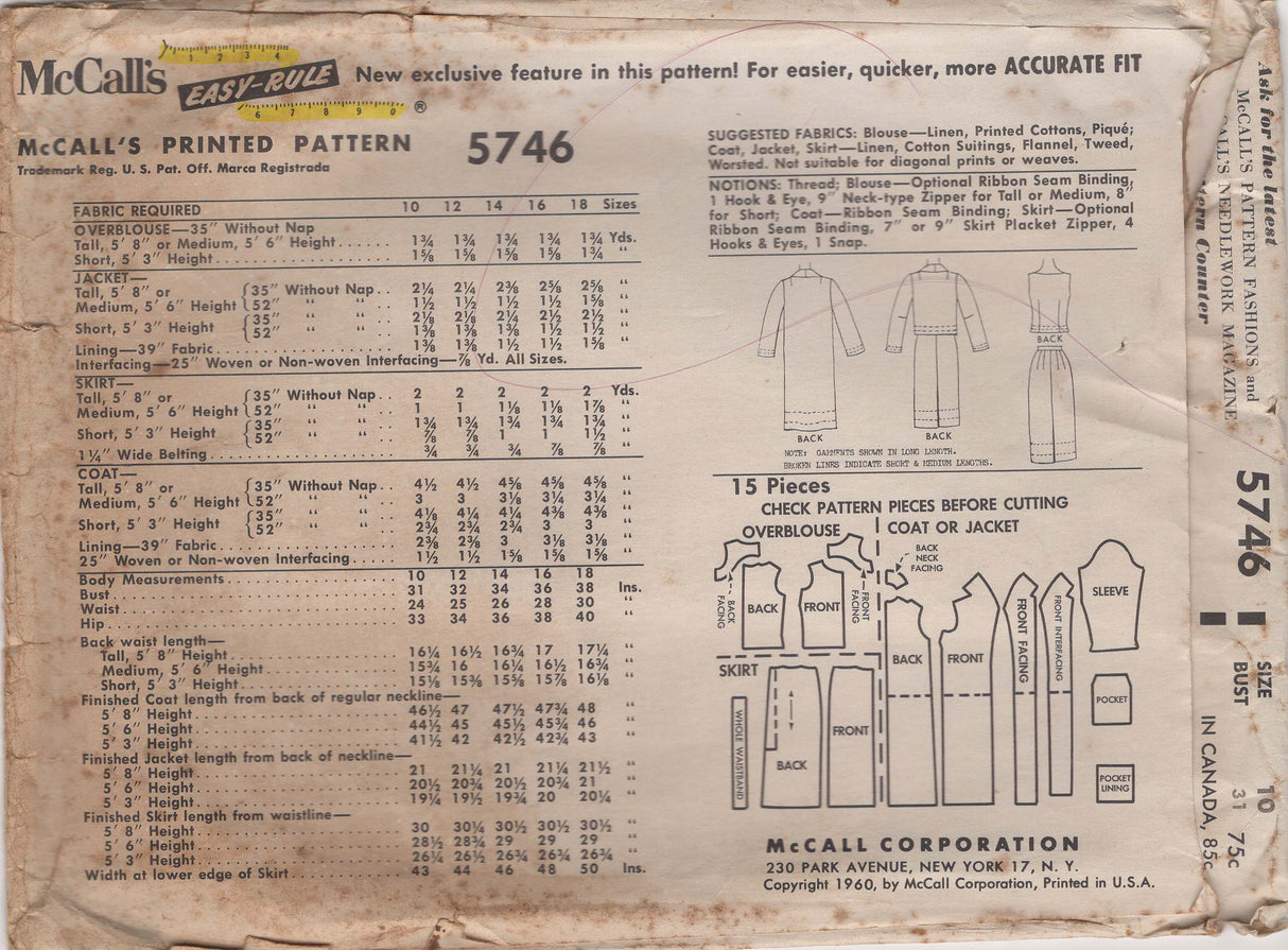 1960's McCall's Women's Suit Set Pattern with Jacket, Sleeveless Blouse, and Slim Skirt - Bust 31" - No. 5746