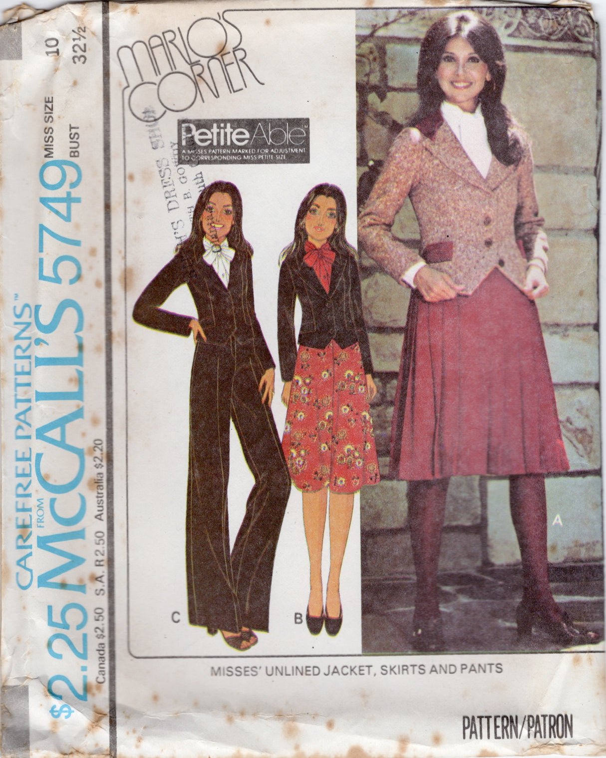 1970's McCall's Marlo's Corner Unlined Jacket, Skirt and Pants - Bust 30.5-38" - No. 5749