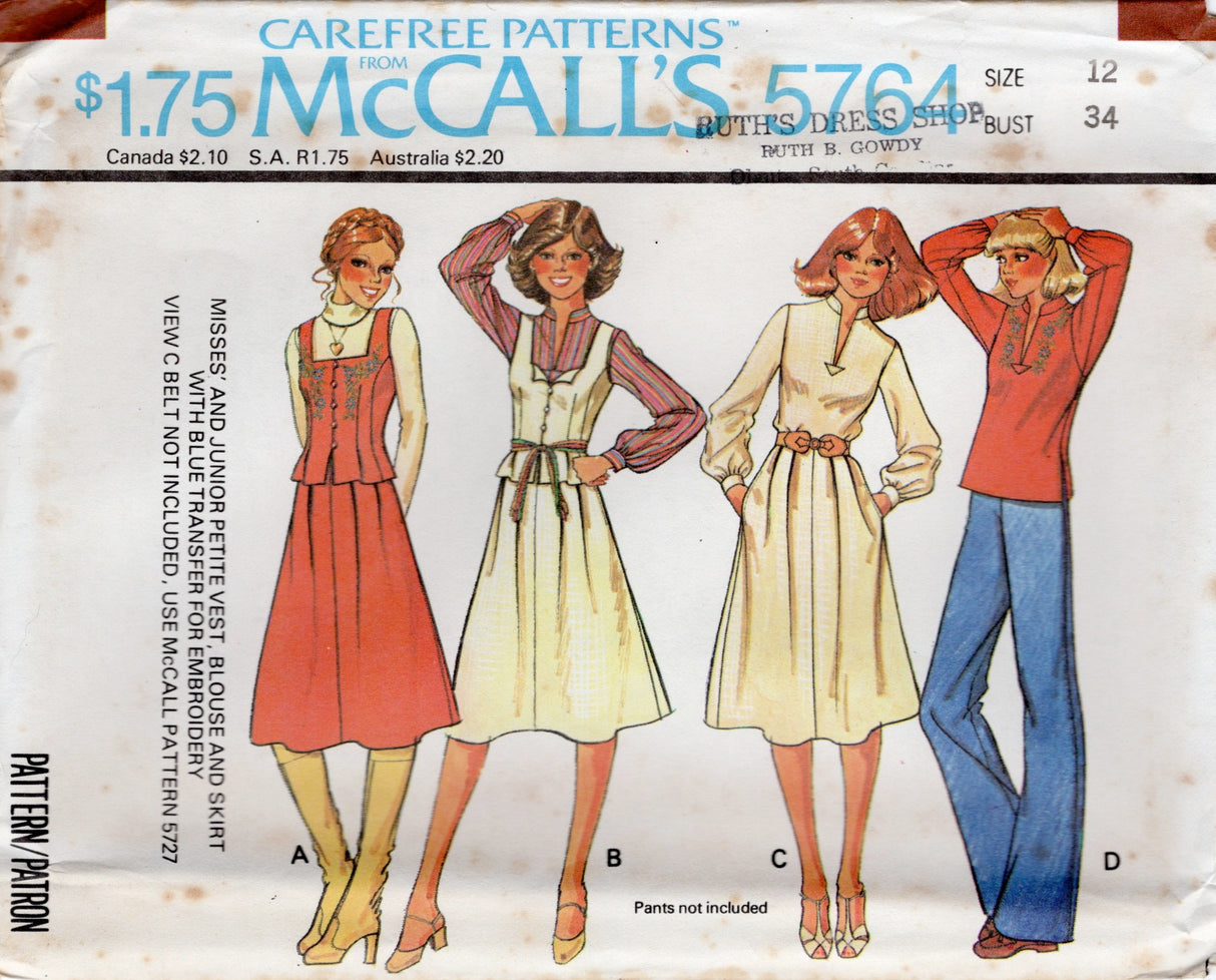 1970's McCall's Princess line Vest, Stand Collar Blouse and softly pleated A line Skirt pattern - Bust 31" - 34" - No. 5764