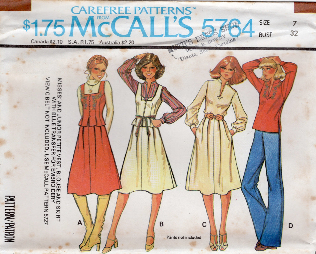 1970's McCall's Princess line Vest, Stand Collar Blouse and softly pleated A line Skirt pattern - Bust 31" - 34" - No. 5764
