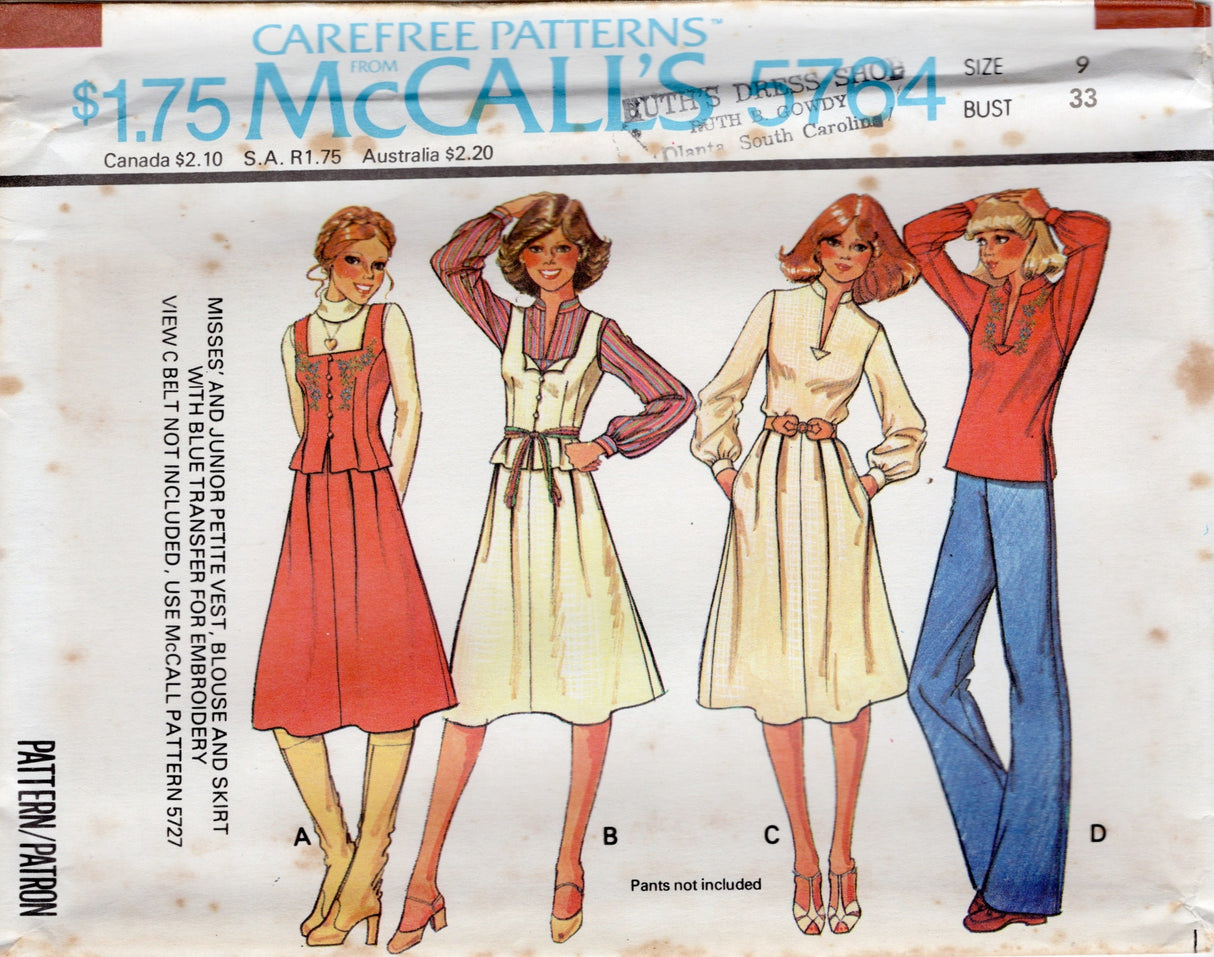 1970's McCall's Princess line Vest, Stand Collar Blouse and softly pleated A line Skirt pattern - Bust 31" - 34" - No. 5764