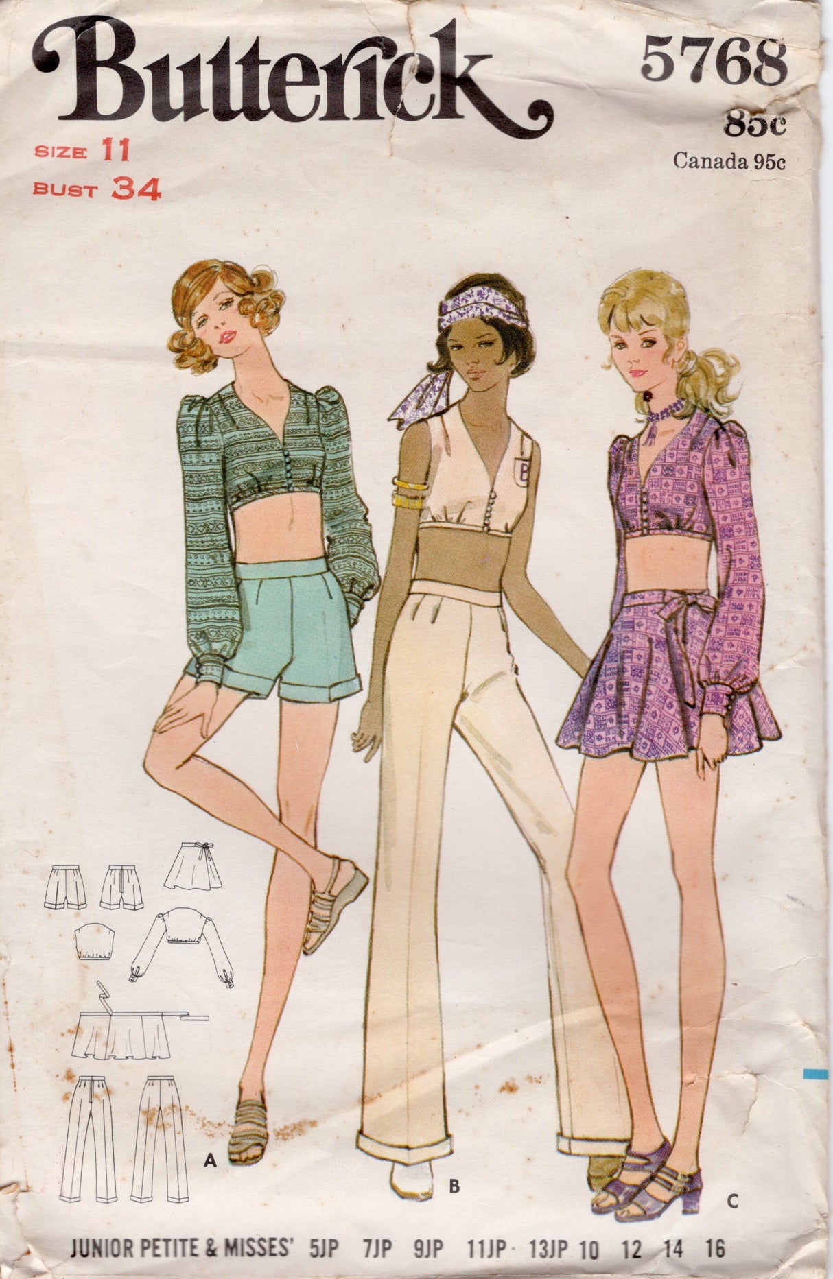 1970's Butterick Crop Top, Mini Wrap Skirt and Pants or Shorts Pattern - Bust 34" - No. 5768