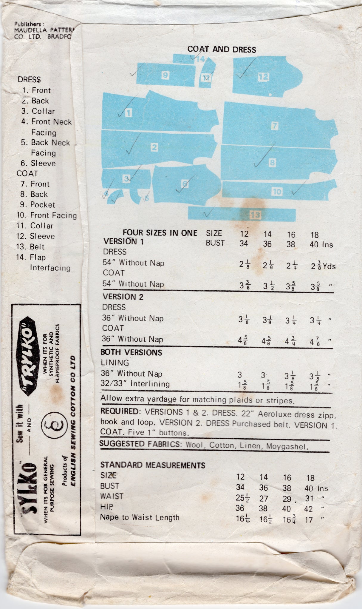 1970's Maudella Single Breasted Coat and Midi Dress Pattern - Bust 34-40" - No. 5777