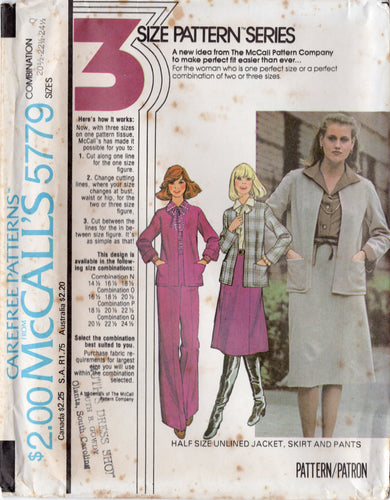 1970's McCall's Half Size Unlined Jacket, 6 Gore Skirt and Wide Leg Pants pattern - Bust 41-47