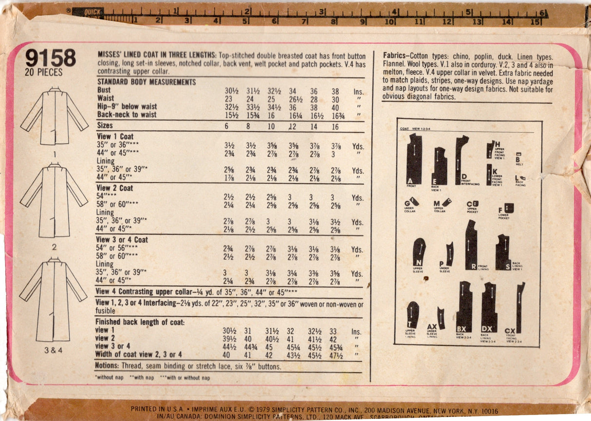 1970's Simplicity Double Breasted Lined Coat Pattern - Bust 34" - No. 9158