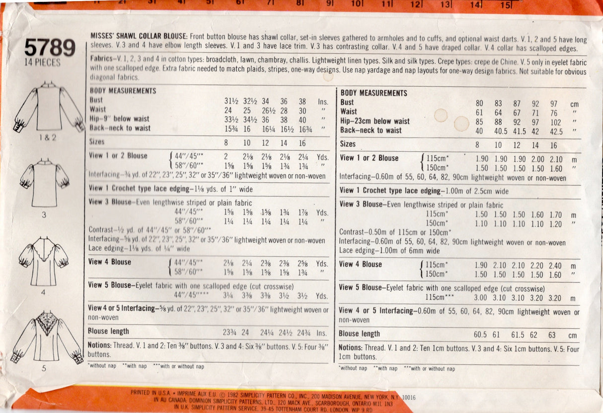 1980's Simplicity Button Up Blouse with Shawl Collar - Bust 32.5" - No. 5789