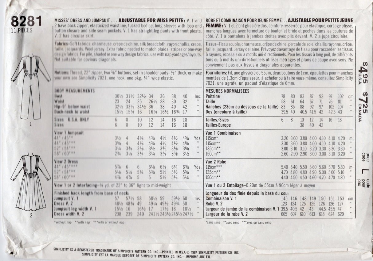 1980's Simplicity Tucked Shoulder Dress or Jumpsuit pattern- Bust 32.5-36” - No. 8281