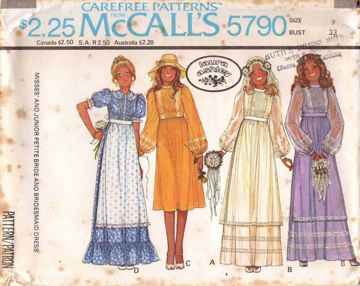 1970's McCall's with Laura Ashley Maxi Dress with Large Sleeves pattern - Bust 31.5-33" - No. 5790