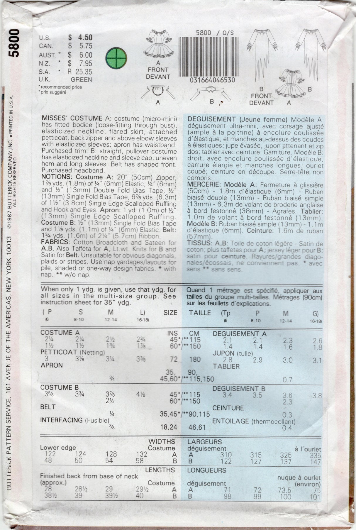 1980's Butterick Maid and Vampire Costume – Bust 30.5-40” - No. 5800