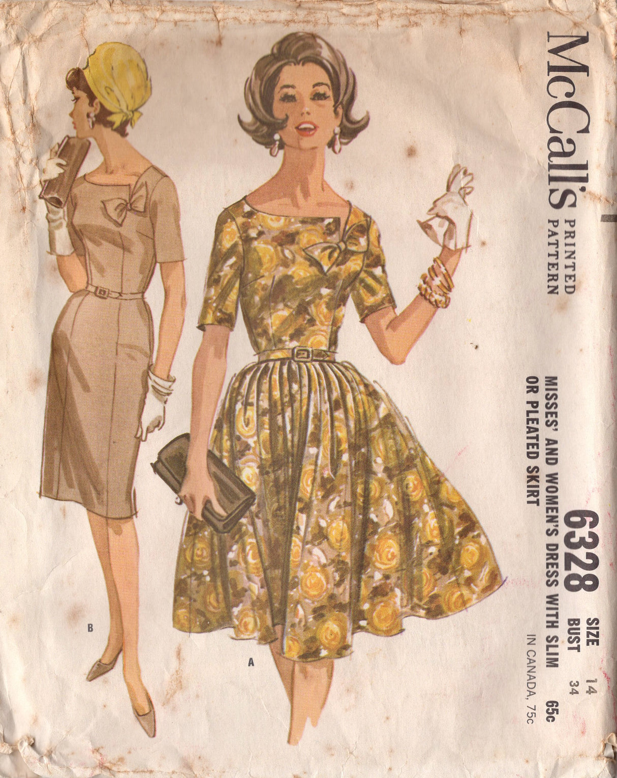 1960's McCall's Asymmetrical Neckline with Bow Fit and Flare Dress Pattern - Bust 34" - No. 6328
