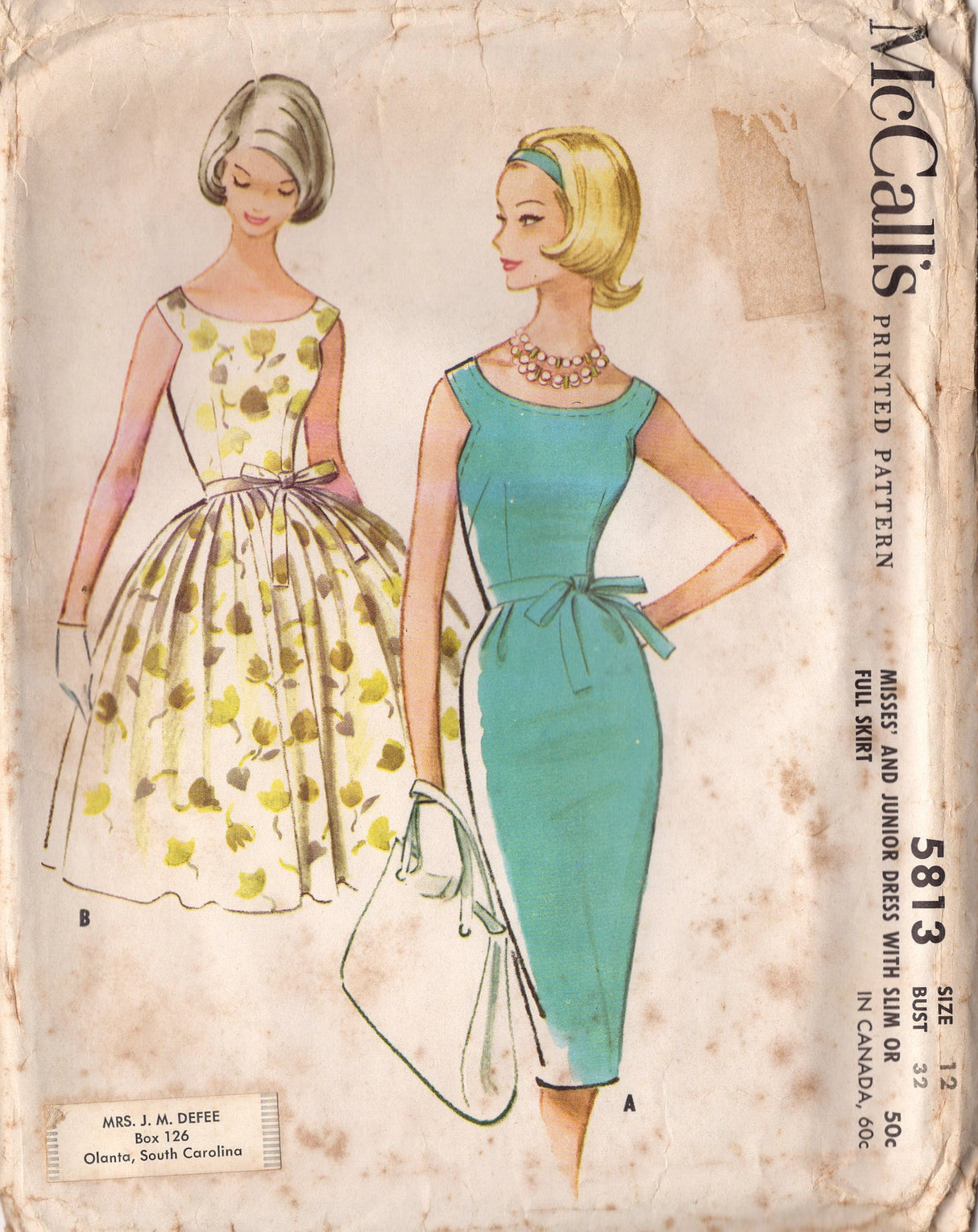 1960's McCall's Scoop Neckline Dress with Slim or Pleated Skirt Pattern - Bust 32" - No. 5813
