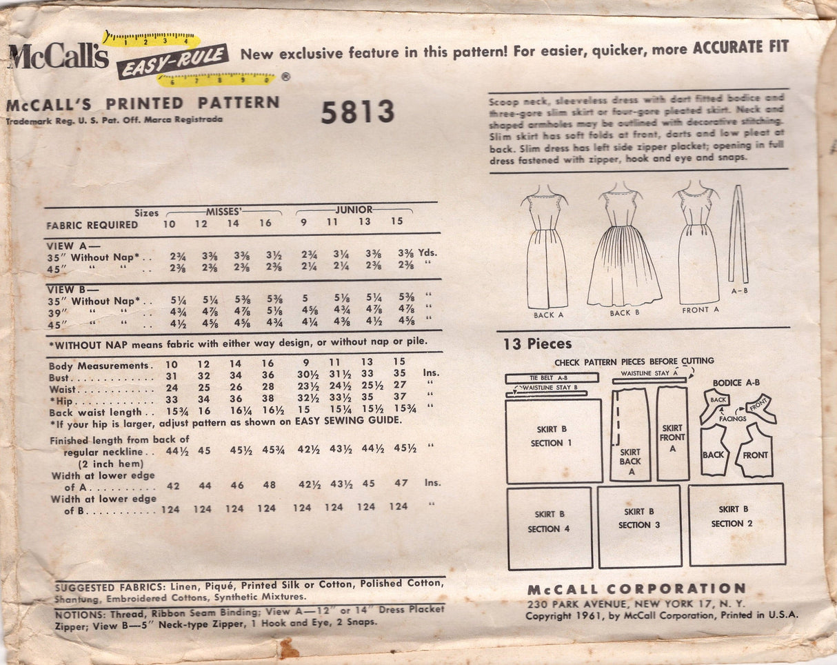1960's McCall's Scoop Neckline Dress with Slim or Pleated Skirt Pattern - Bust 32" - No. 5813