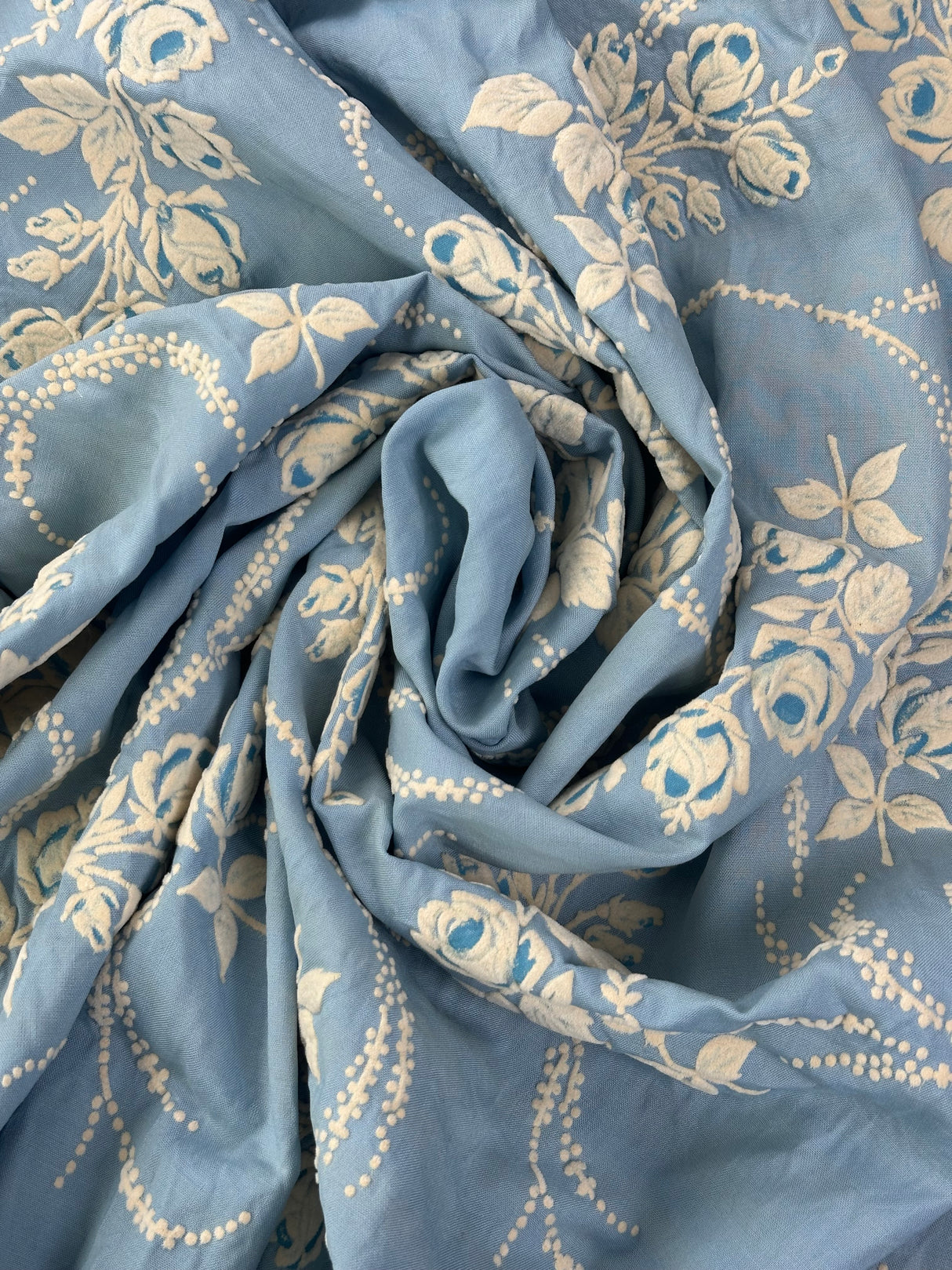 1960’s Blue Pinch Pleat Curtain Panel with Large Flocked Roses - (P208)