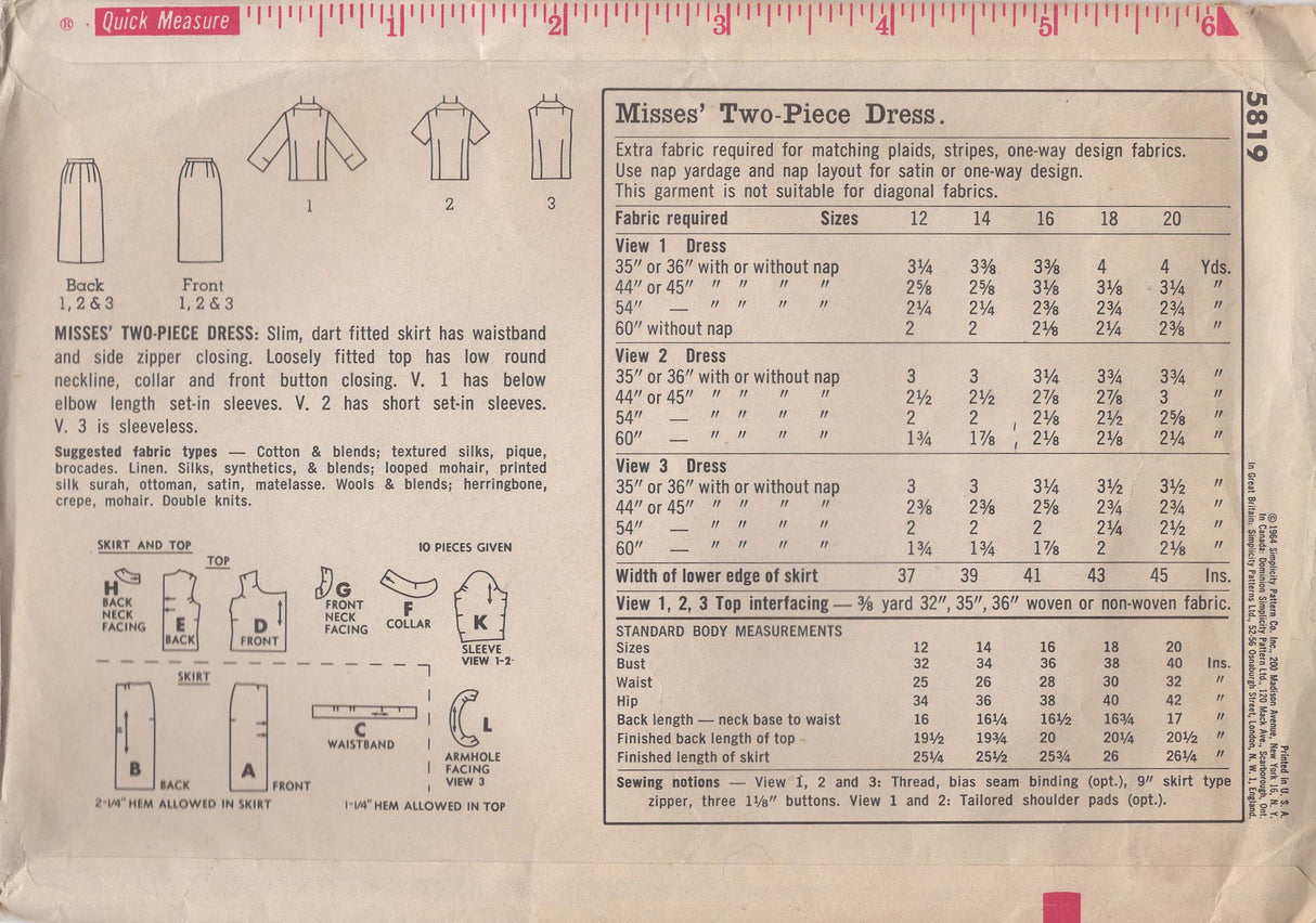 1960's Simplicity Two-Piece Dress Pattern - Bust 32" - No. 5819