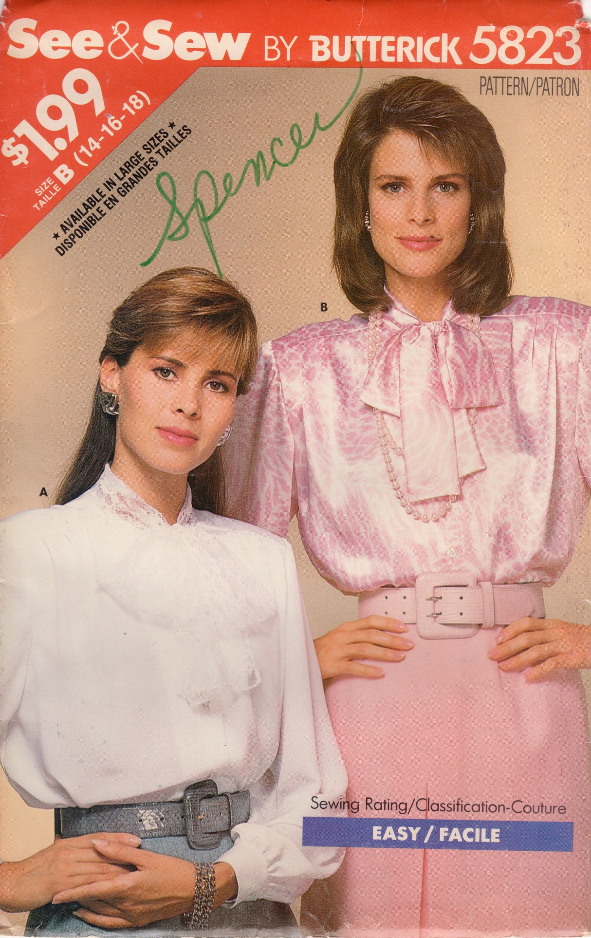 1980's See & Sew Pussy Bow Blouse Pattern - Bust 36-40" - No. 5823