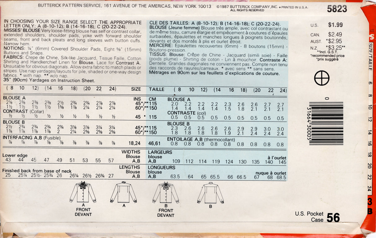 1980's See & Sew Pussy Bow Blouse Pattern - Bust 36-40" - No. 5823
