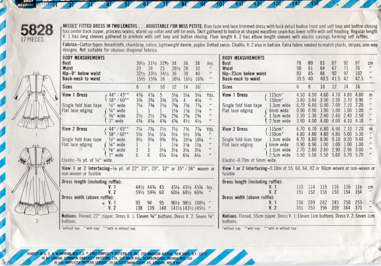 1980's Simplicity One Piece Dress Pattern with Leg of Mutton or Puff Sleeves - Gunne Sax - Bust 38" - No. 5828