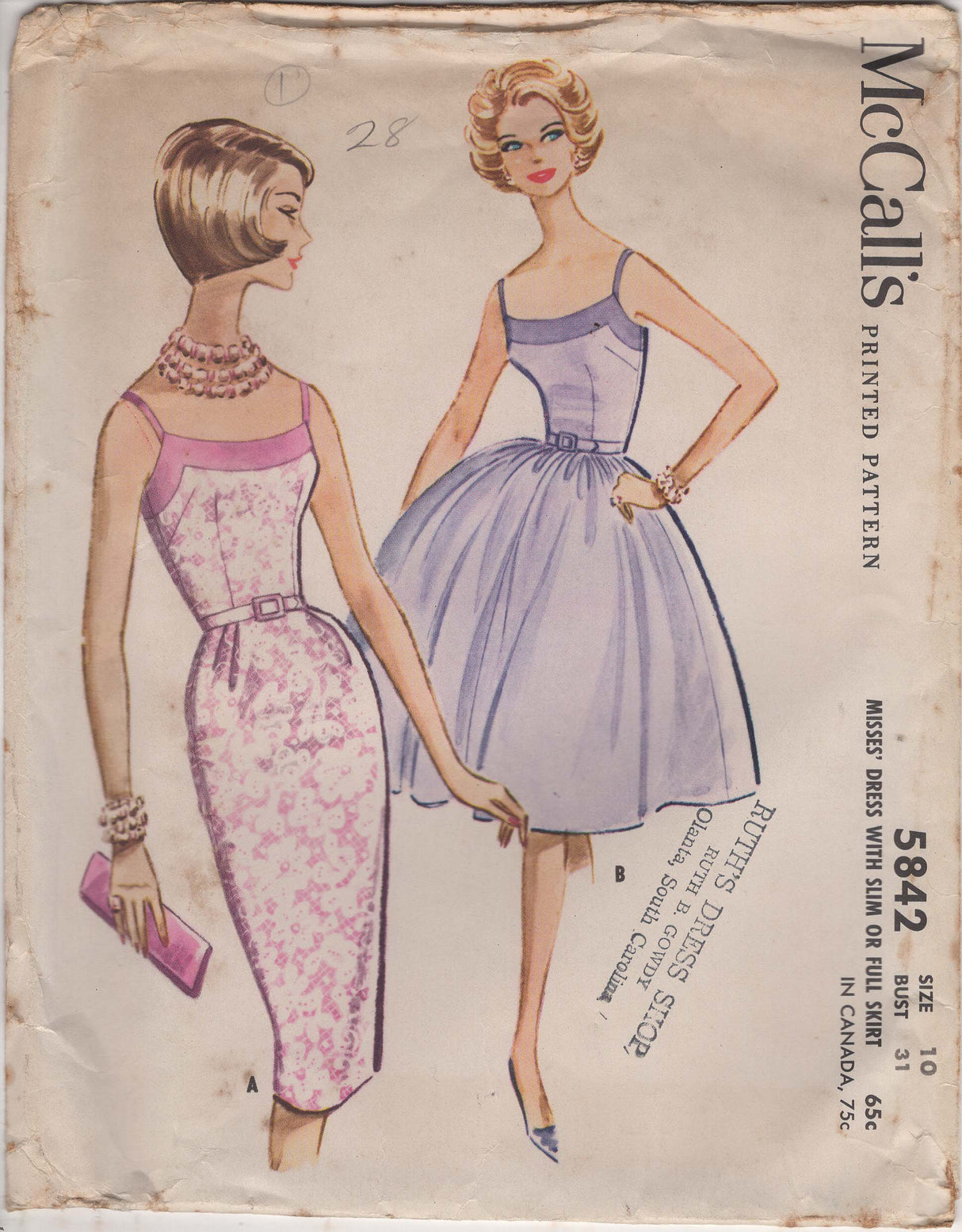 1960's McCall's Dress with Full or Slim Skirt Pattern - Bust 31" - No. 5842