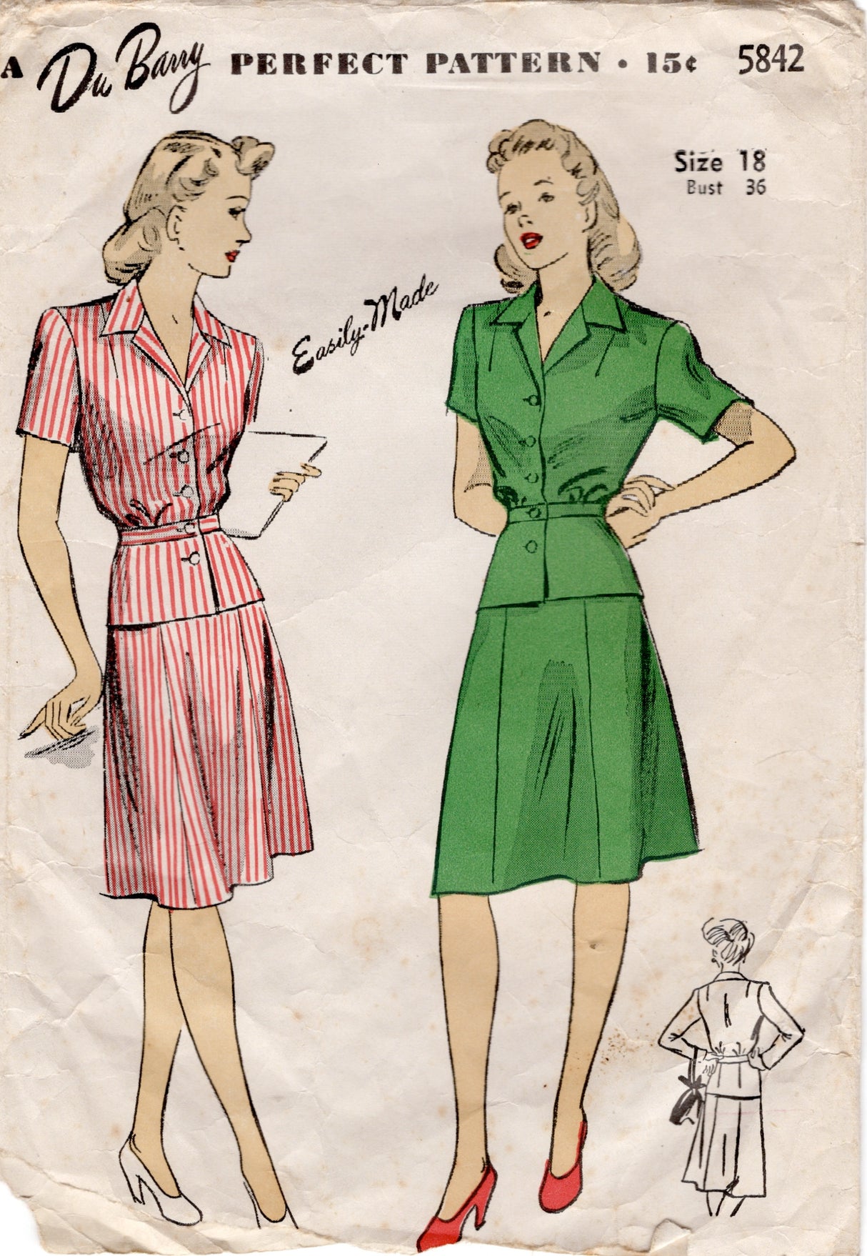 1940's DuBarry Two Piece Peplum Dress Pattern - Bust 36" - No. 5842
