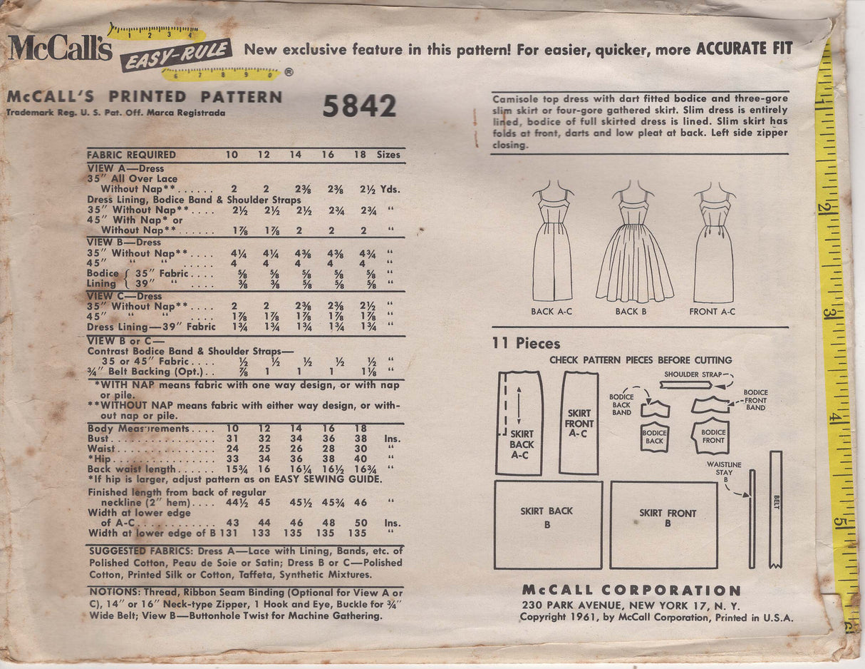 1960's McCall's Dress with Full or Slim Skirt Pattern - Bust 31" - No. 5842