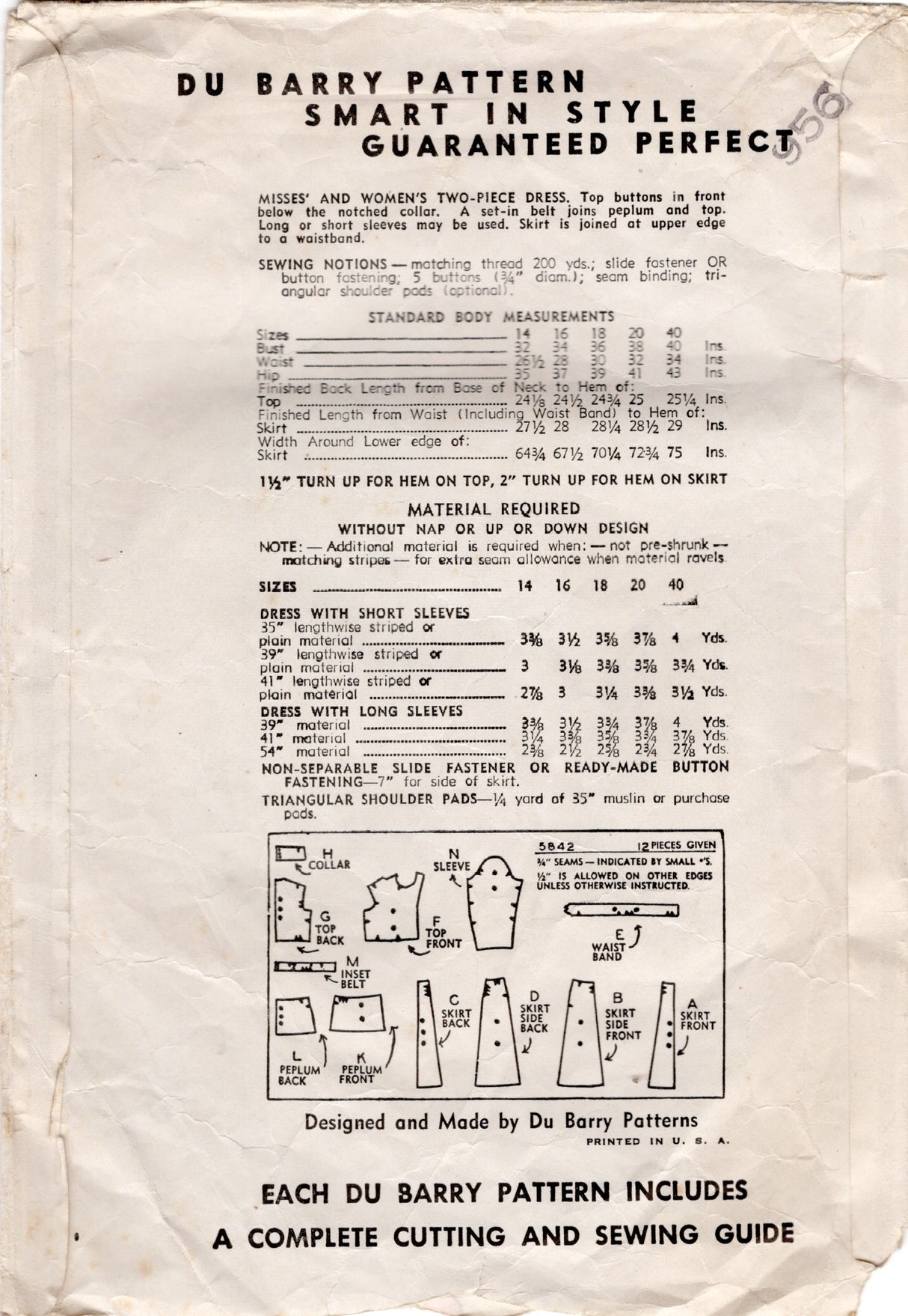 1940's DuBarry Two Piece Peplum Dress Pattern - Bust 36" - No. 5842